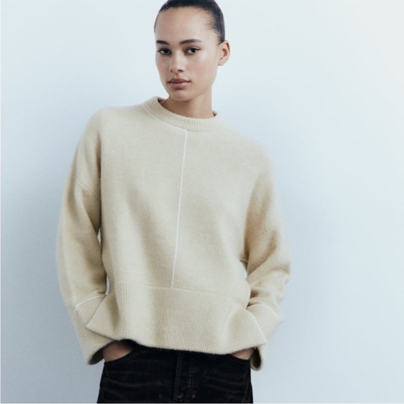 ZARA heavy soft IVORY knit SWEATER PIPING boxy slouchy wool acrylic crew neck Lg - Picture 1 of 15